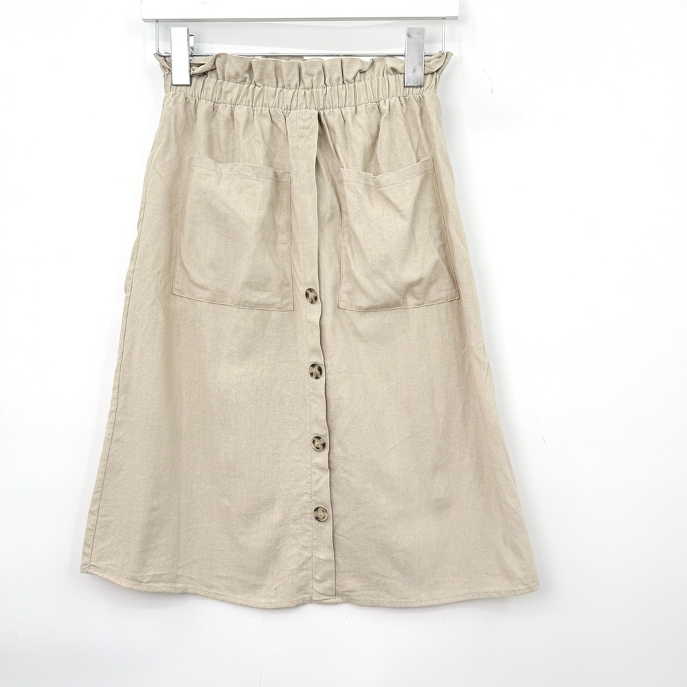 Linen Blend Button Front Skirt Womens XS Beige Paperbag Waist Minimalist Indie